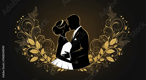 Elegant wedding silhouette framed by ornate gold floral decorations, symbolizing love and union
