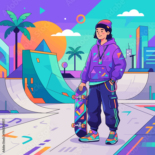 A stylish young skateboarder stands casually with their board in a vibrant, sun-drenched skate park, surrounded by urban elements and palm trees.