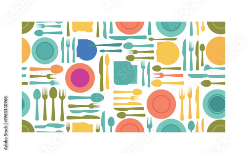 dining arrangement patterns seamless pattern, repeating pattern, surface design, textile print, modern illustration of forks, knives, spoons, teaspoons, plates