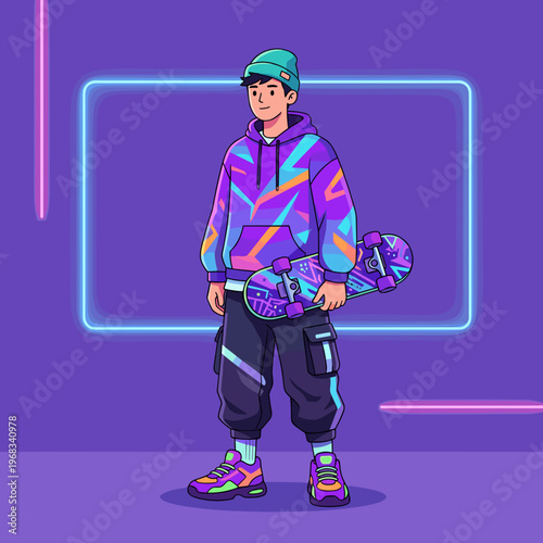 A cool young male skateboarder stands confidently holding his skateboard against a vibrant purple background illuminated by stylish neon lights, showcasing urban style.