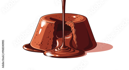 Chocolate pudding with melted chocolate pouring on top against a clean white background.