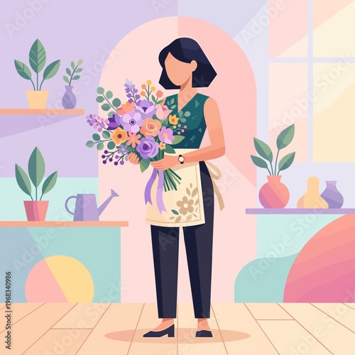 A serene female florist gracefully holds a large, beautifully arranged bouquet of fresh, colorful flowers in her minimalist and brightly lit flower shop.
