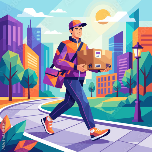 A diligent male delivery person briskly walks down a city street carrying a package and a shoulder bag, efficiently transporting goods in a bustling urban landscape.