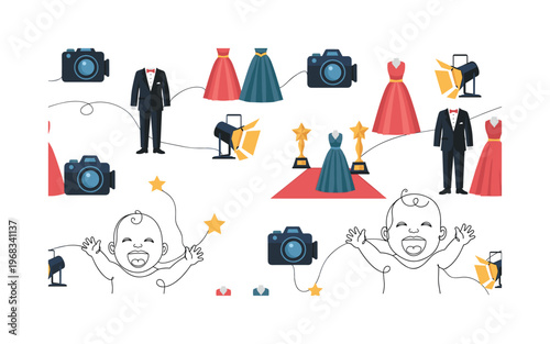 celebrity events seamless pattern, repeating pattern, surface design, textile print, modern illustration of cameras, red carpet, gowns, tuxedos, stars, awards