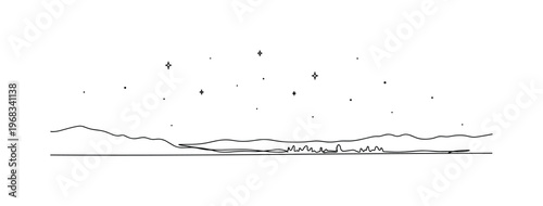 First Night Sky. Minimalistic one-line drawing faint stars twinkling over silhouette landscape, continuous single black line on white background, simple