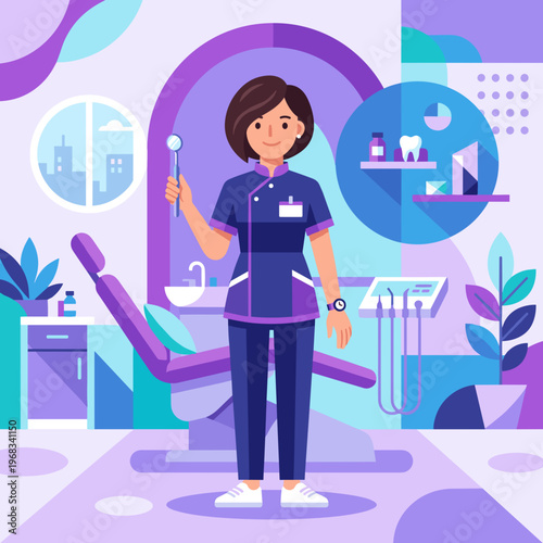 A friendly female dentist stands proudly in a blue uniform, holding a dental mirror and pick, surrounded by state-of-the-art dental equipment within a vibrant, modern clinic.