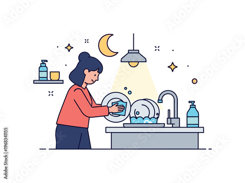 Washing dishes nighttime routine scene where a person cleans dishes under soft lighting while small sparkle and star icons emphasize calm, responsibility, and