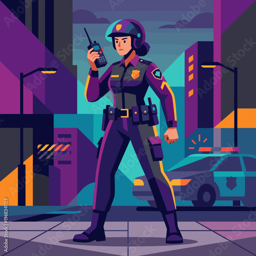 A strong and dedicated female police officer stands ready in her full uniform, holding a walkie-talkie firmly against a vibrant, stylized night cityscape with patrol car reflections.