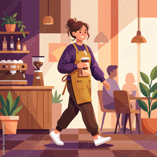 A cheerful female barista wearing a neat brown apron and dark attire confidently walks through a warmly lit, inviting modern coffee shop interior, carrying a fresh beverage.