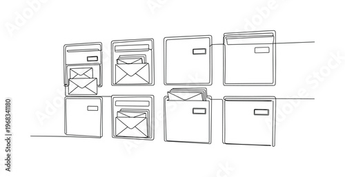 Assigned Letter Slots. Minimalistic one-line drawing wall-mounted mailboxes with envelopes arranged neatly, continuous single black line on white background,