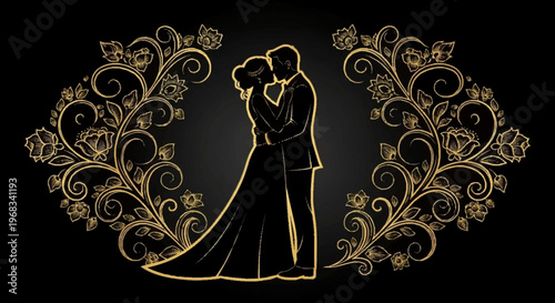 Elegant Golden Floral Frame Embracing a Silhouetted Couple in Love, Celebrating Timeless Romance and Union