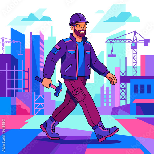 A confident bearded construction worker in a hard hat carries a hammer, walking across an urban street surrounded by developing city buildings and cranes under a bright sky.
