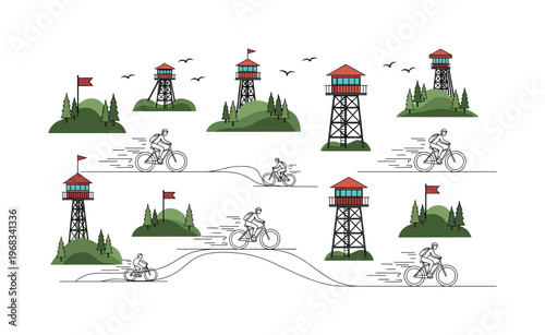 tower lookout seamless pattern, repeating pattern, surface design, textile print, modern illustration of watchtowers, hills, forests, observation decks, flags,