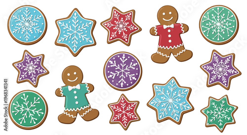 Colorful arrangement of gingerbread men and decorated Christmas cookies on a white background with festive holiday treats.