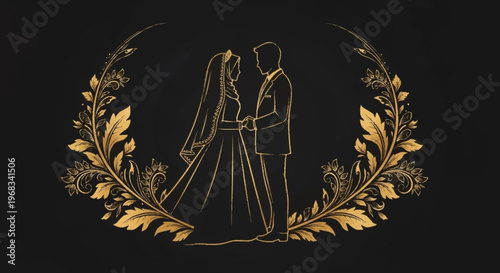 Elegant wedding illustration featuring a bride and groom in silhouette within a golden floral wreath, perfect for invitations and decor