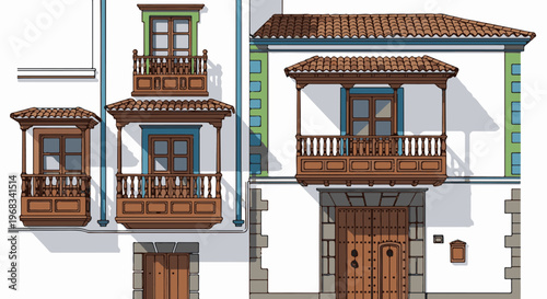 Traditional building facade with wooden balconies and tiled roofs