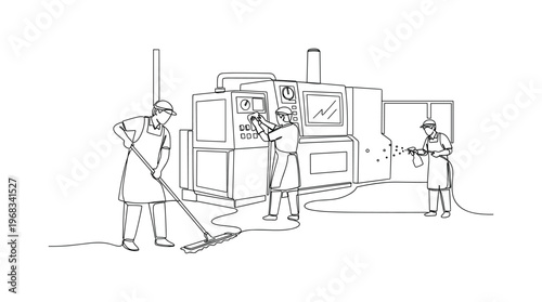 Workplace Cleanliness. Minimalistic one-line drawing employees sanitizing factory floor and equipment, continuous single black line on white background, simple