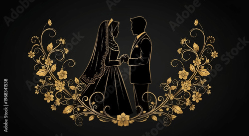 Elegant golden silhouette of a Muslim wedding couple embraced by luxurious floral design on a dark background, symbolizing union and celebration
