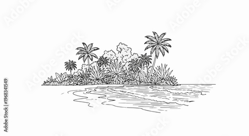 Tropical island shoreline with palm trees and lush foliage by calm water