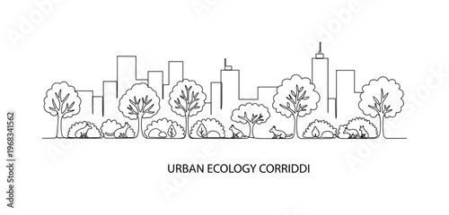 Urban Ecology Corridor. Minimalistic one-line drawing trees, bushes, and small animals forming natural corridor in cityscape, continuous single black line on