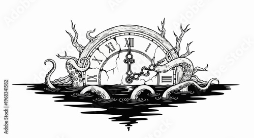 A clock face with cracked glass is being consumed by dark water and grasping tentacles