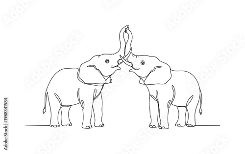 Calf Elephant Play. Minimalistic one-line drawing young elephants with trunks up interacting, continuous single black line on white background, simple outline