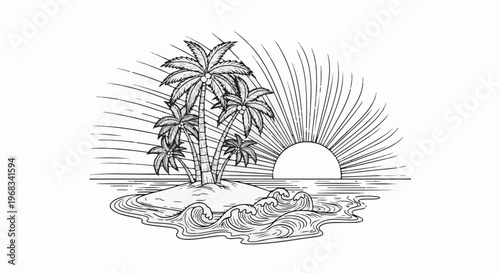 Tropical island with palm trees and a stylized sun rising over the ocean waves