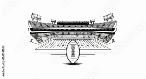 A black and white sketch of a sports stadium with a football on the field