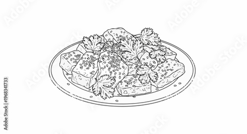 A black and white sketch of a plate of cubed food garnished with herbs