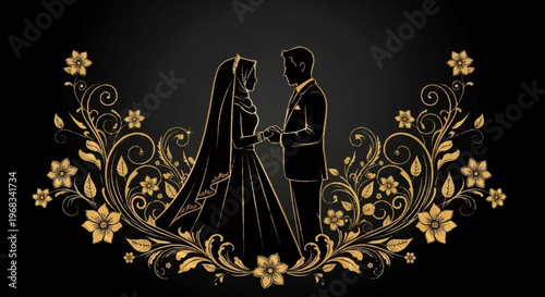 Elegant golden floral decorative frame surrounding a silhouetted couple holding hands on their wedding day
