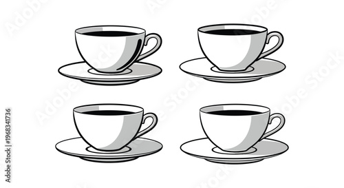 Simple black and white vector illustration of four identical coffee cups arranged in a neat grid for graphic design projects