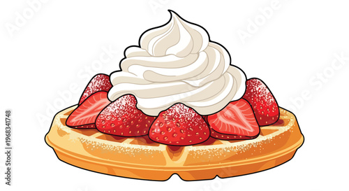 Illustration of a waffle topped with whipped cream and strawberries on a plain white background.