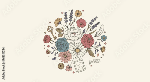 Vintage floral arrangement with whimsical elements like a key and stamp