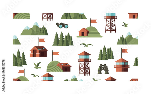 lookout icons seamless pattern, repeating pattern, surface design, textile print, modern illustration of watchtowers, hills, forests, observation decks,