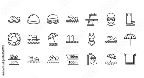 Professional set of black line vector icons representing various swimming equipment and pool activities for modern graphic design projects