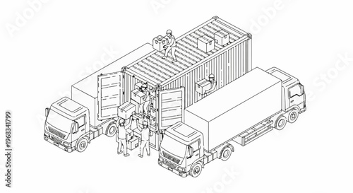 Workers loading cargo containers onto trucks in an industrial setting