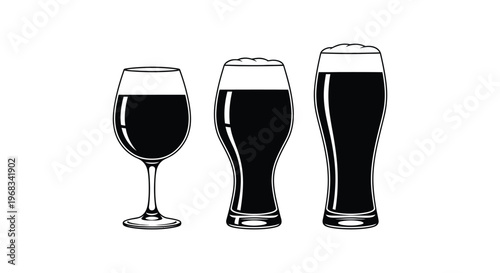 Vector illustration featuring a classic wine glass alongside two distinct beer glasses filled with dark beverages