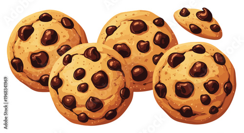 A group of chocolate chip cookies on a white background with a realistic illustration style and warm color tones.