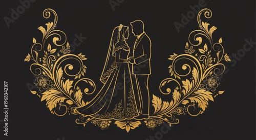 Elegant Golden Wedding Couple Silhouette Adorned with Intricate Floral Ornate Design on Black Background