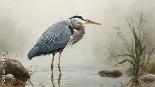 Majestic heron in a misty wetland