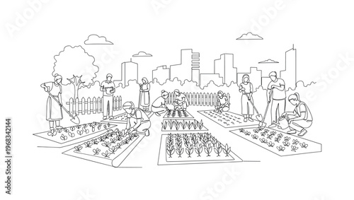 Community Garden Scene. Minimalistic one-line drawing group of people working together in garden plots in the city, continuous single black line on white