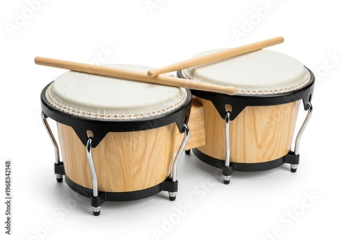 A pair of bongos with drumsticks on top