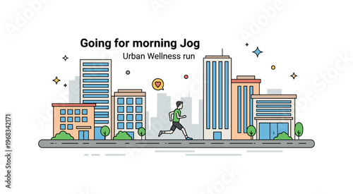 Going for a morning jog countryside path concept where a jogger moves along fields and trees in early morning while small sparkle and leaf icons emphasize