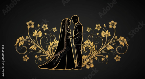 Elegant golden silhouette of a traditional Indian wedding couple, embraced by ornate floral patterns, symbolizing love and union on a dark background