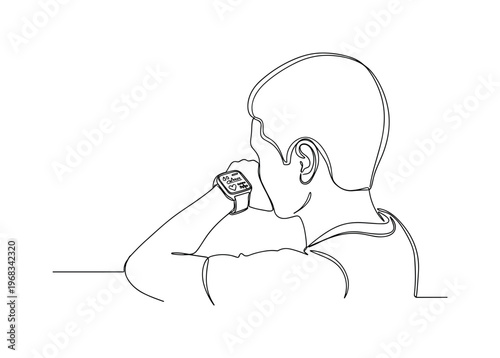 Smart Fitness Tracking. Minimalistic one-line drawing individual checking calories burned and heart rate on smartwatch, continuous single black line on white