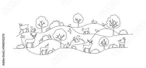 Connected Habitats. Minimalistic one-line drawing urban trees and bushes linking wildlife areas with animals crossing, continuous single black line on white
