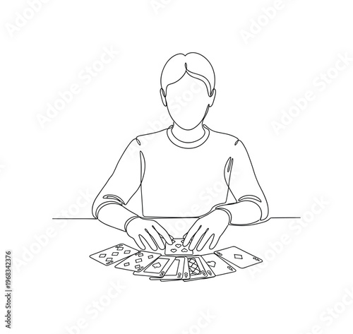 Casual Card Play. Minimalistic one-line drawing individual playing cards at table, continuous single black line on white background, simple outline style, no