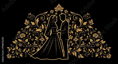 Elegant golden floral wedding illustration featuring a bride and groom silhouette against a black backdrop
