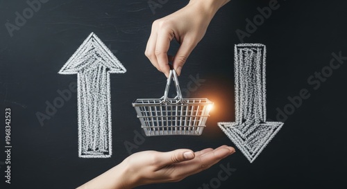 Economic shifts and consumer spending are illustrated with a shopping basket between upward and downward trending arrows