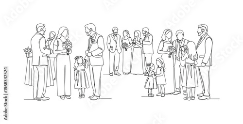 Family Gathering. Minimalistic one-line drawing adults and children chatting and taking photos at wedding, continuous single black line on white background,